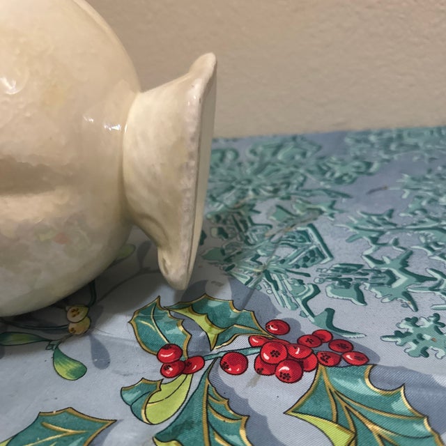 Vintage Iridescent Ivory Ceramic Pitcher Vase Hand-Painted Blue Flowers & Gilt Trim For Sale - Image 10 of 10