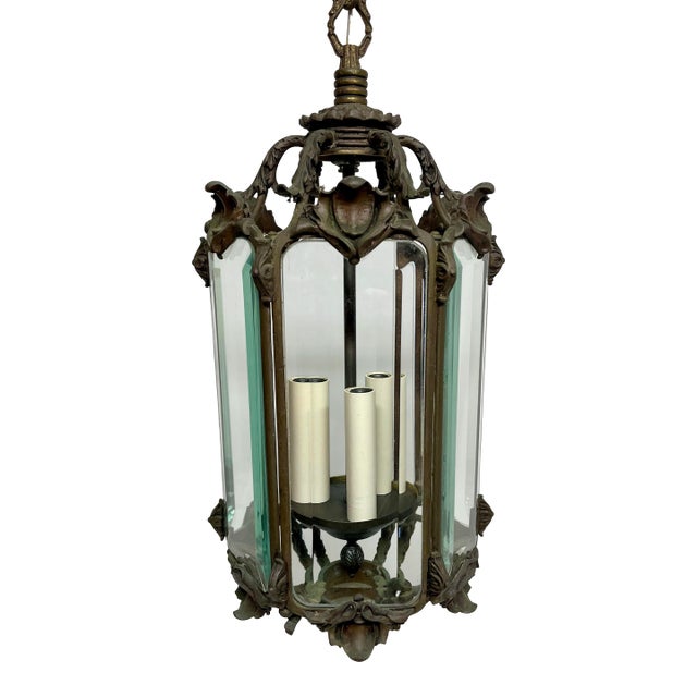 Antique Bronze and Beveled Glass Pendant For Sale