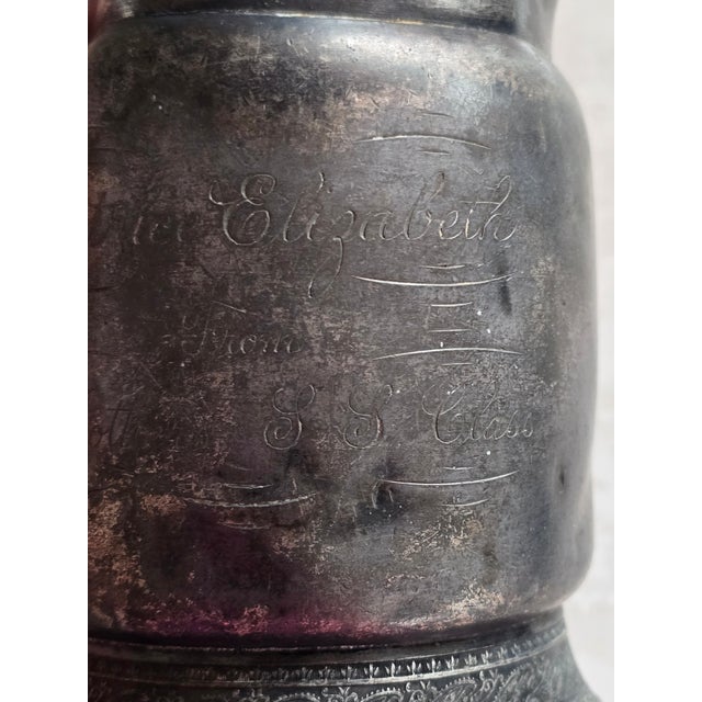 Antique Hand-Formed Pewter Mug With Ornate Handle and Inscription For Sale - Image 6 of 8