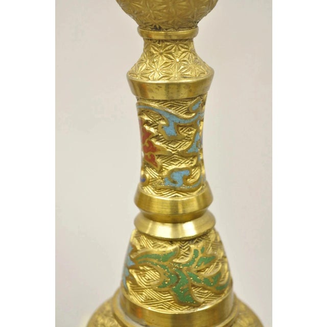 Early 20th Century Vintage Japanese Cloisonne Enamel 13" Brass Bronze Candlestick Lamp Base - Pair For Sale - Image 5 of 11