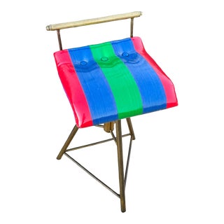 1960s Mid Century Modern Striped Vinyl Swivel Vanity Stool on Metal Tripod Base For Sale
