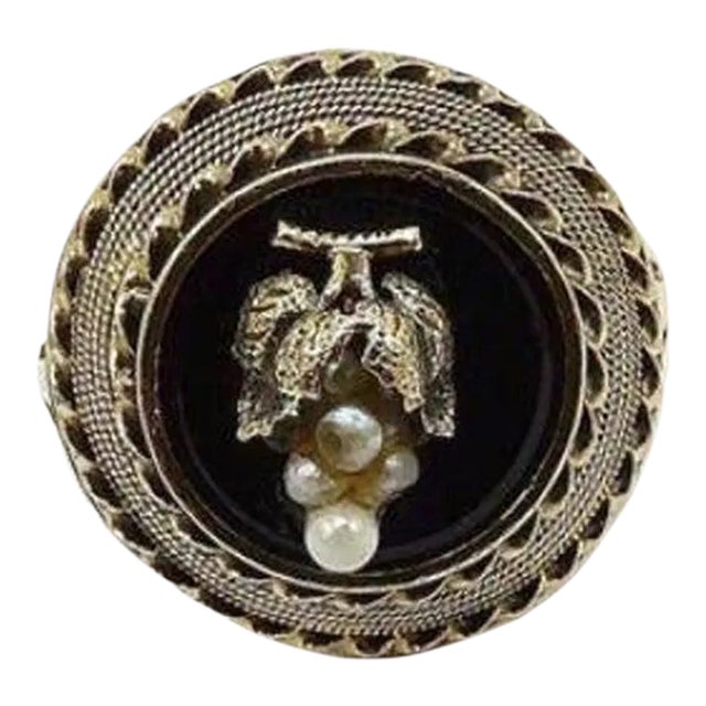 14K Etruscan Revival Mourning Ring W/ Onyx Disc & Pearl Grape Cluster Size 4.5 For Sale