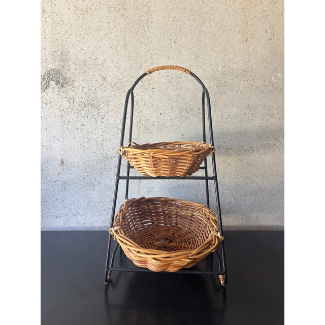 Wood Vintage Mid-Century Rattan & Iron Two-Tier Basket in the Manner of Tony Paul For Sale - Image 7 of 7