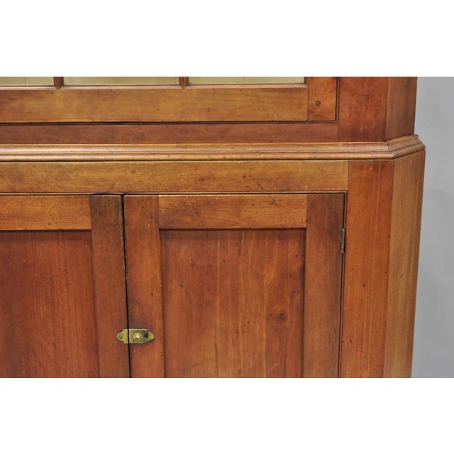 Wood Antique Colonial Primitive Cherry Wood Glass Front Corner China Cabinet Cupboard For Sale - Image 7 of 18