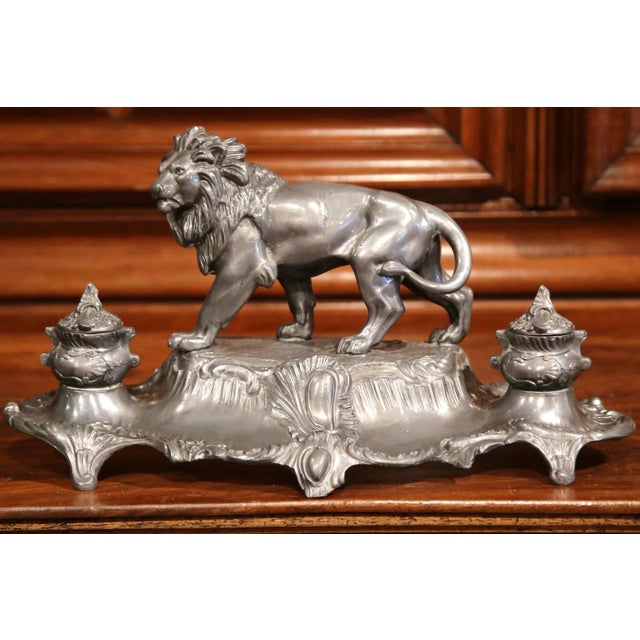 Late 19th Century 19th Century French Pewter Lion Inkwell Signed A. Bossu For Sale - Image 5 of 8