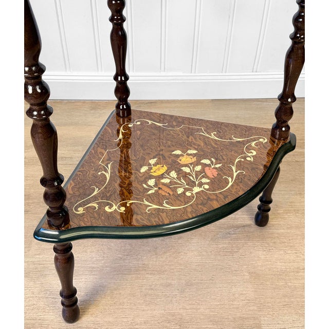 Vintage Italian Rococo Marquetry Fruitwood 2-Tier Corner Shelf For Sale - Image 9 of 11