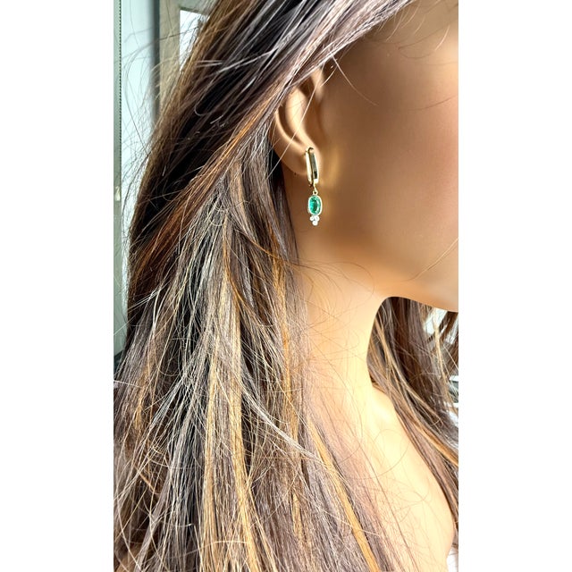 14k Yellow Gold Oval Emerald and Diamond Drop Earrings With European Lever Backs, A Pair For Sale - Image 9 of 10