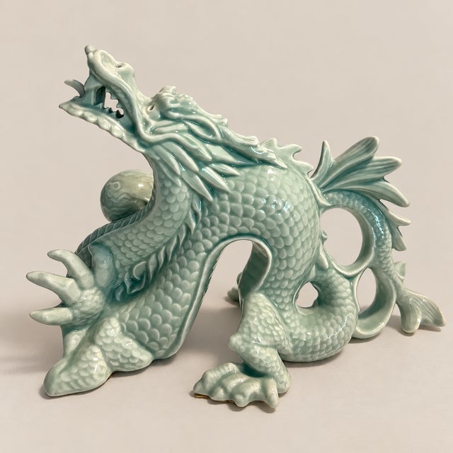Elegant and richly detailed, this Mid-Century celadon porcelain dragon figurine by Andrea by Sadek blends classic Asian-...