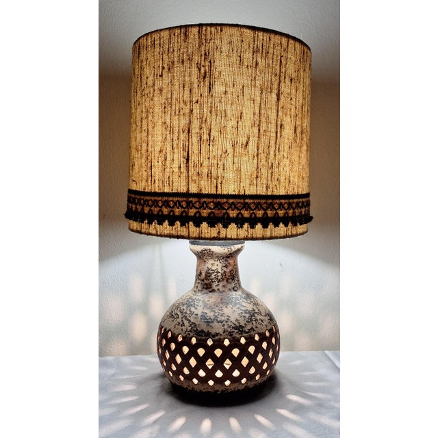 Metal Vintage German Table Lamp with Illuminated Brown Ceramic Base and Beige Fabric Shade, 1970s For Sale - Image 7 of 7