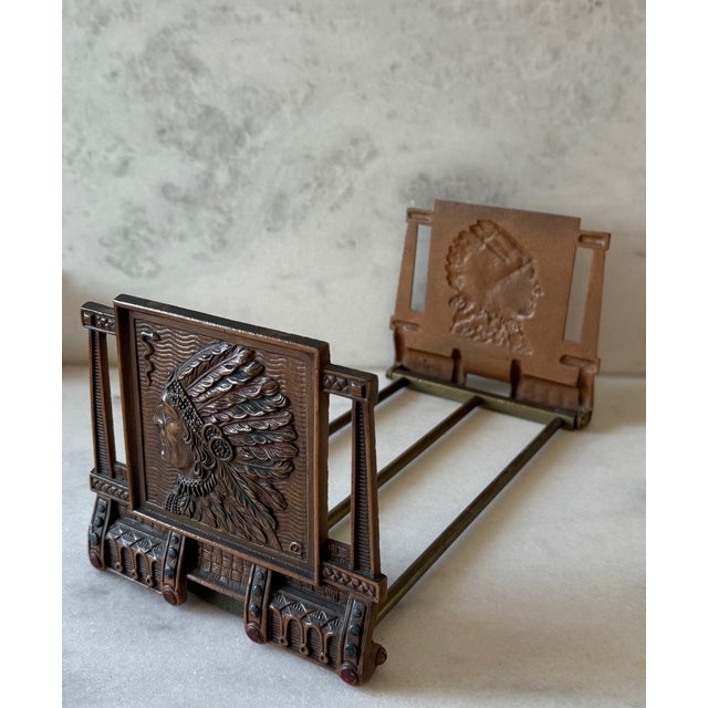 American Antique Bronze h.l. Judd Co Native American Chief Adjustable Book Rack For Sale - Image 3 of 16