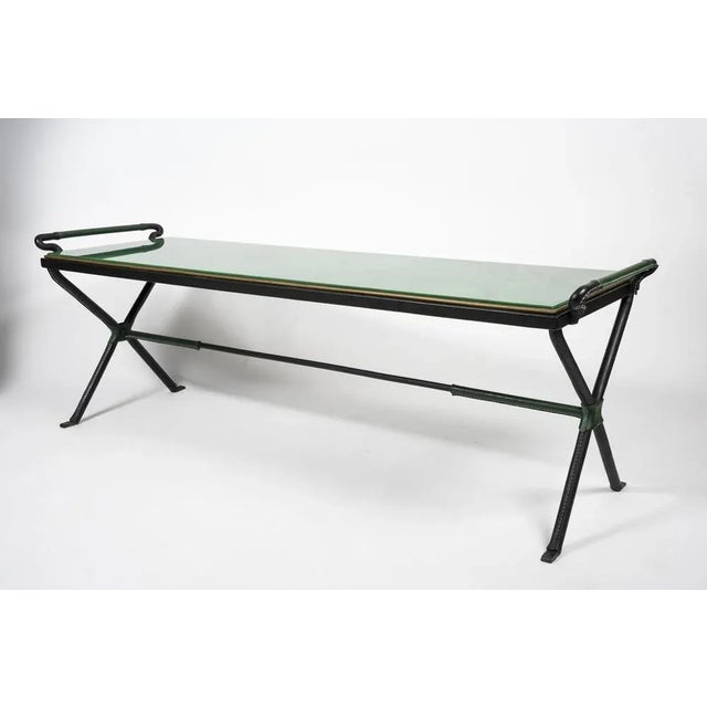 Coffee Table in Sheathed Leather and Green Opaline by Jacques Adnet, 1950 For Sale - Image 7 of 8