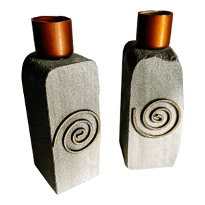 Vintage Postmodern Handmade Stone and Copper Spiral Candlestick - A Pair by Artist Maris Taylor