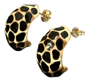 Vintage Kenneth Jay Lane Giraffe Print Enamel Half-Hoop Earrings | 1980s Gold-Tone Statement Jewelry, A Pair