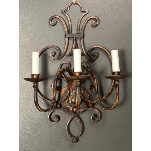 Italian Harp Shaped Iron Sconces in Blackened Rust - Set of 2 For Sale In Philadelphia - Image 6 of 7