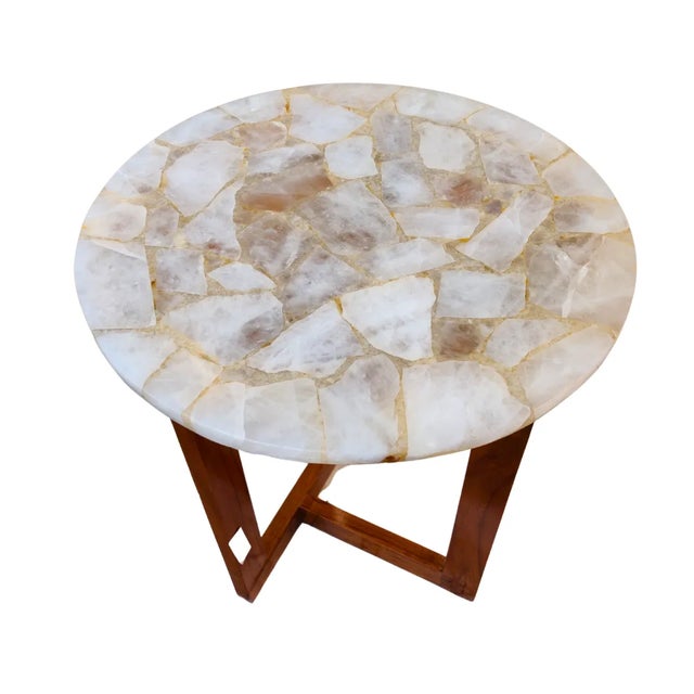 Wood White Natural Quartz Semiprecious Stone Round Table For Sale - Image 7 of 7