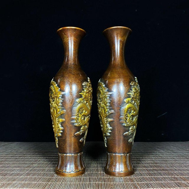 Pair of Gilt Bronze Vases With Dragon & Phoenix Relief — Dragon-Phoenix Auspicious Motif For Sale In Los Angeles - Image 6 of 9