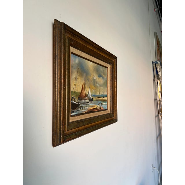 Well done oil on canvas, seascape with boats on shore. This is a beautiful mid century impressionistic style seascape...