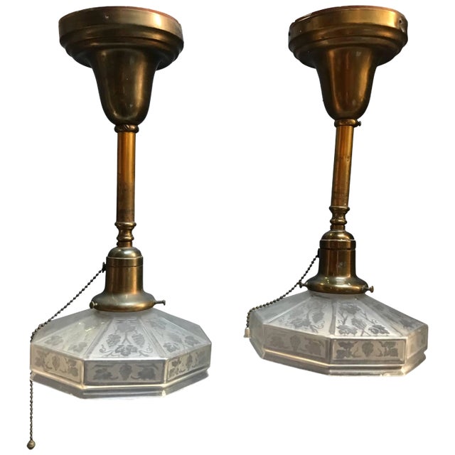 Industrial Etched Octagonal Glass Pendant Lights on Brass Poles - a Pair For Sale