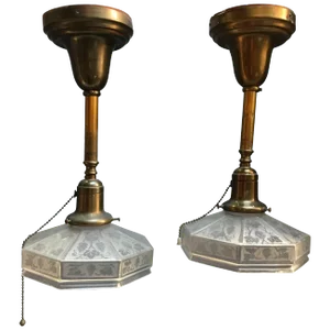 Industrial Etched Octagonal Glass Pendant Lights on Brass Poles - a Pair