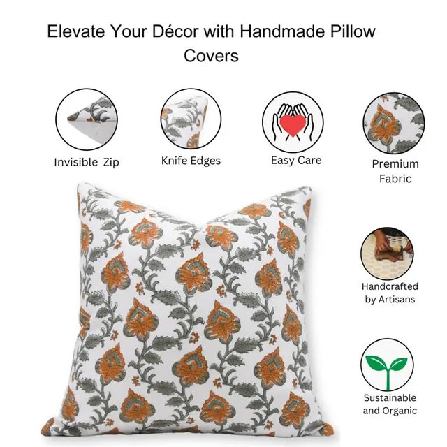 Fabdivine Handmade Block Printed Cushion Cover 18x18 Inch Thick Cotton White-Madhubala For Sale - Image 4 of 4