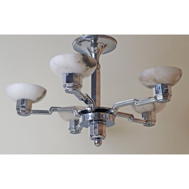 French Art Deco Chandelier in Alabaster and Chrome by Jean Gauthier, 1930 For Sale - Image 12 of 17