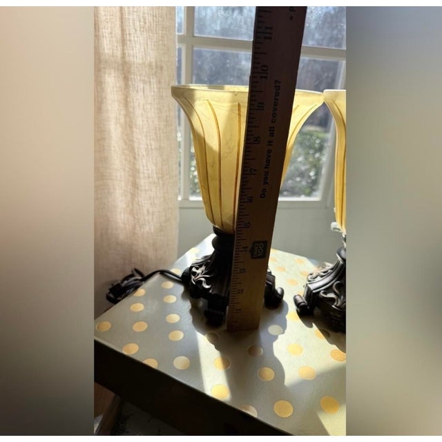 Amber Vintage Ting Shen Hollow Light-Up Table Lamps Feature Amber-Yellow Ribbed Glass Shades - a Pair For Sale - Image 8 of 9