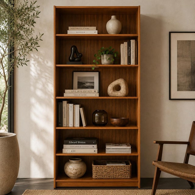 Vintage Danish Modern Teak Bookcase With Adjustable Shelves. A tall vintage teak bookcase with clean lines, six open...