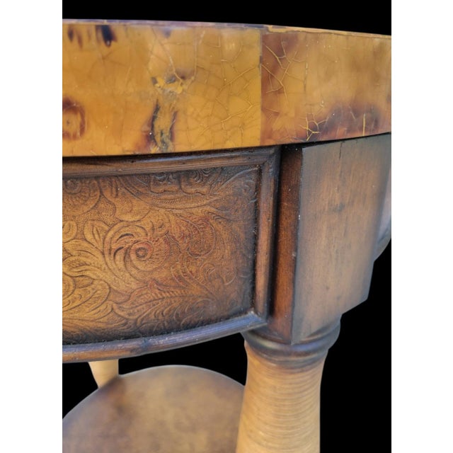 1990s Vintage Theodore Alexander Style Pen Shell Leather Rattan Round Side Table For Sale - Image 5 of 8