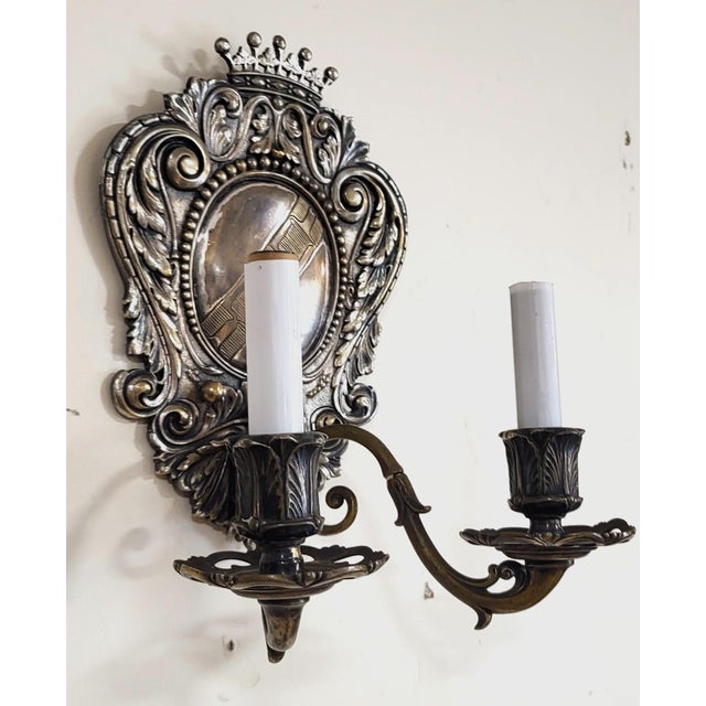 Pair Antique American Coat of Arms Crown Silver Plate Bronze Wall Sconces C&A For Sale - Image 12 of 17