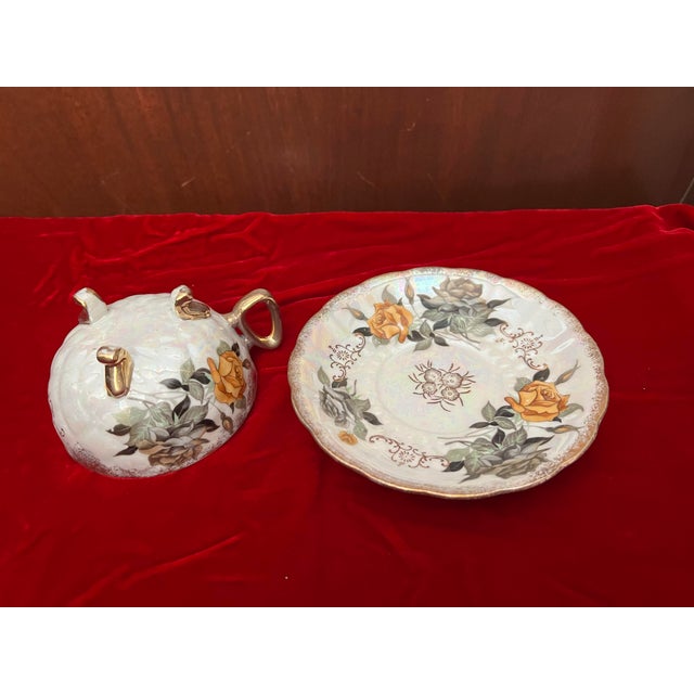 Vintage Iridescent Lusterware 3 Footed Floral Teacup & Saucer For Sale - Image 11 of 11