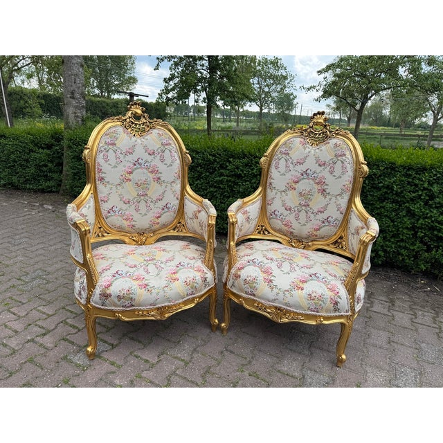 French 1970 French Louis XVI Gold Beech Damask Sofa Set - 3 PCS For Sale - Image 3 of 18