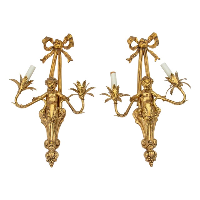 Louis XVI Style Gilt Metal Cherub Sconces, Pair For Sale