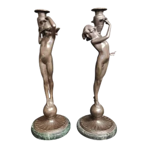 1910s Edward McCartan Bronze Sculpture Art Nudes on Marble Base Candlestick Holders- a Pair
