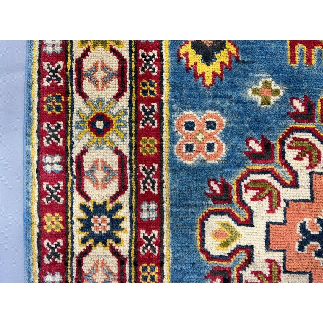 Blue and Burgundy Kazak Wool Runner Rug, Tribal Hallway Rug, 2'9" X 13'1" For Sale - Image 14 of 15
