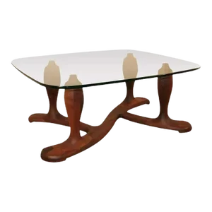 Vintage Mid Century Danish Modern Sculpted Walnut Glass Top Coffee Table