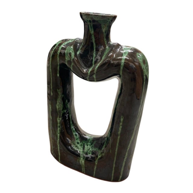 Mid-Century Modern Vintage Mid-Century Modern Sculptural Drip Glaze Vase – Dark Brown & Emerald Green Cutout Vessel For Sale - Image 3 of 12