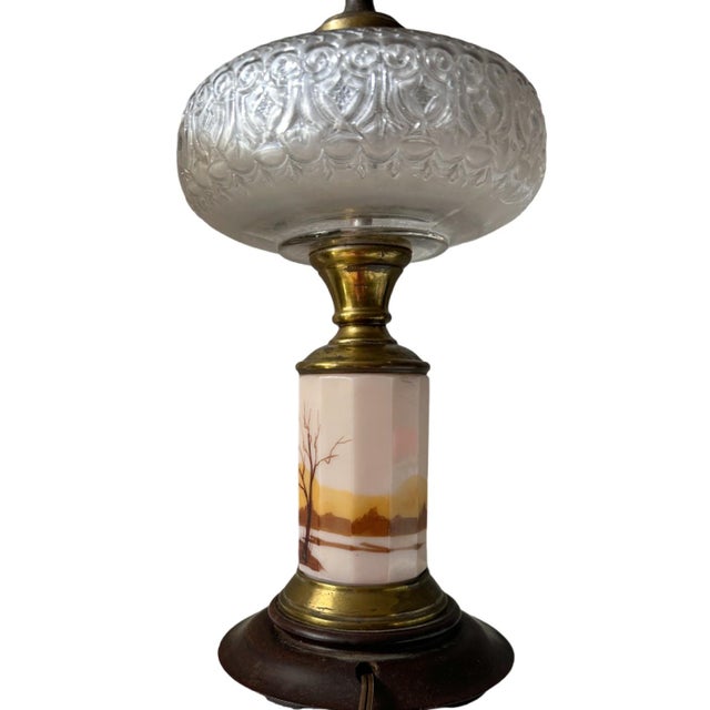 Antique Victorian Hand Painted Custard Glass Eapg Electrified Oil Lamp For Sale - Image 4 of 5