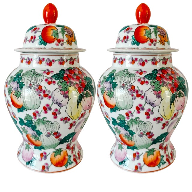 Chinoiserie Vintage 1970s Chinese Export Porcelain Fruit Motif Temple Jars - Pair For Sale - Image 3 of 13