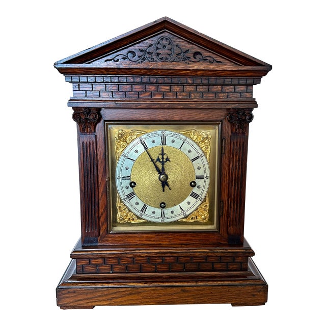 Antique Tiffany & Co. Architectural Oak Bracket Clock | English Case, German 5-Gong Movement | Circa 1900 For Sale
