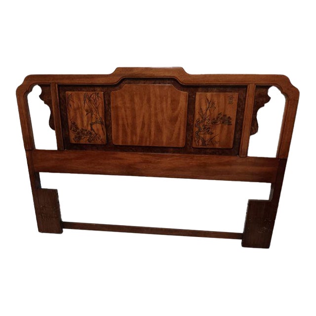 Vintage Asian Inspired Queen Size Wooden Headboard Dark Wood Tone For Sale