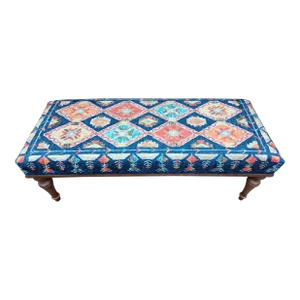 Handmade Diamond Pattern Blue Printed Rug Fabric Upholstered Long Bench