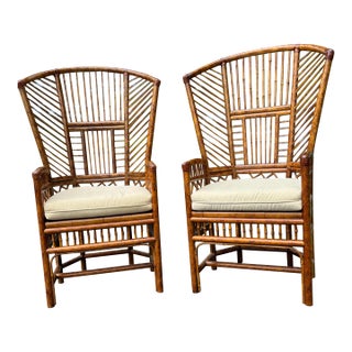 1980s Vintage Pair of Chippendale High Back Brighton Style Bamboo and Rattan Arm Chairs in Tortoiseshell Finish For Sale