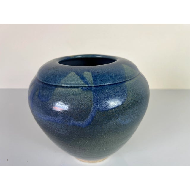 1980s Vintage Blue and Gray Glaze Studio Pottery Vase, Signed For Sale - Image 5 of 12