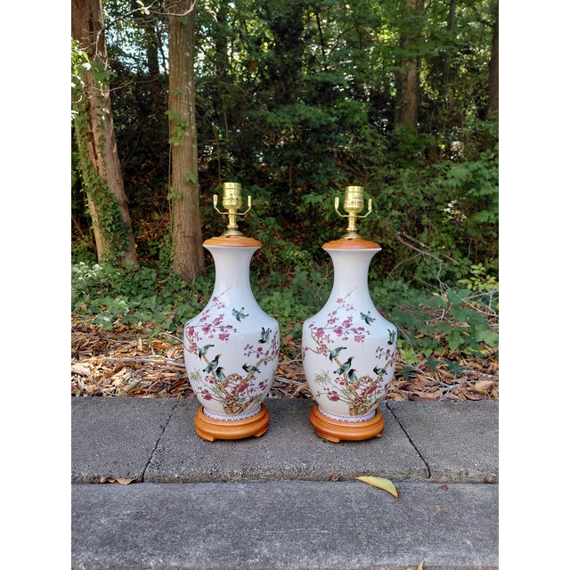 Traditional Vintage Asian Porcelain Bird and Plum Blossom Table Lamps - a Pair For Sale - Image 3 of 5