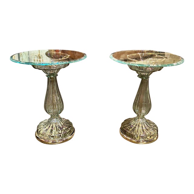 Pair of Murano Glass Fontana Green Side Tables For Sale
