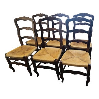 Late 19th Century Vintage French Provincial Ladder Back Rush Seat Dining Chairs- Set of 6 For Sale