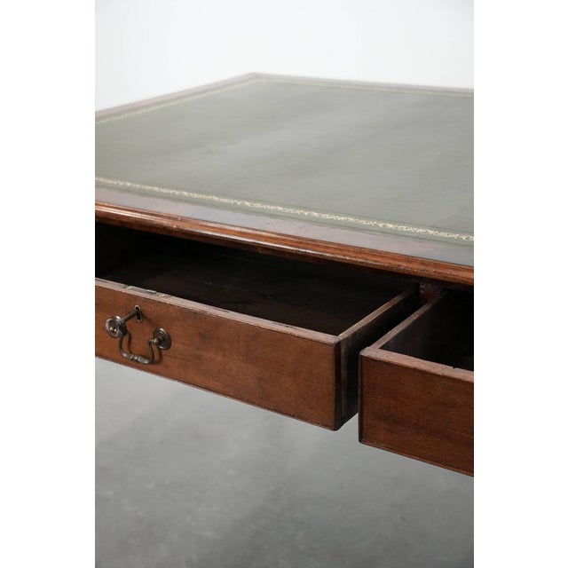 Brown Antique English Style Writing Partner Desk with 6 Drawers and Dark Green Leather Top, Early 20th Century For Sale - Image 8 of 15
