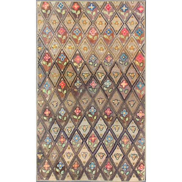 Antique American Hooked Rug With Diamond Patchwork Floral Design 4'10"x8'6" For Sale - Image 4 of 10
