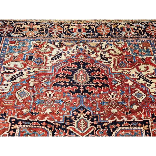 Textile Vintage Heriz Serapi Rug, Hand-Knotted Wool, Geometric Medallion Pattern, Red & Ivory, 10x12 For Sale - Image 7 of 14