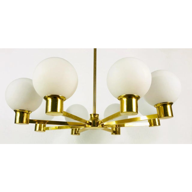 Mid-Century 8-Arm Brass and Opaline Glass Chandelier, 1960s For Sale - Image 4 of 10